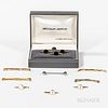 Boxed Stud Set, Set of Three 14kt Gold Studs, and Group of Tie Bars, three boxed gold-filled studs, three 14kt gold and mother-of-pearl