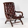 Leather-upholstered "Campeche"-style Armchair, 20th century, with sling-style seat on arched base and turned stretchers, overall ht. of