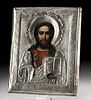19th C. Russian Icon Pantocrator Christ & Silver Oklad