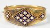 14K Yellow Gold Victorian Bangle Bracelet
tested as 14K, blue enameling, with pearls
20 grams