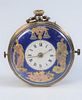 Gold and Silver Pocket Watch
with blue and white enameled dial, mounted with two color gold figures, works with repeater
(hinge broken, loose)
55.4 mi
