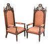 Pair of Gothic Style Walnut Armchairs
each with silver plaque, Presented to Wyoming Lodge by Bro. George Heath, AL, 5863 and Presented By Bro. F.T. Fo
