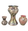 Three Art Glass Vases
each having sterling silver overlay, amethyst bud vase, purple iridescent vase, and a larger iridescent vase with silver overlay