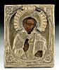 19th C. Russian Icon w/ Gilt Brass Oklad, St. Nicholas