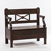 Miller Cabinet Company Hall Seat, Rochester, New York, oak, lift seat compartment, maker's paper label, ht. 38, wd. 41, dp. 20 in.