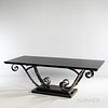 Wrought Iron Dining Table, likely Italy, iron, glass and wood, black glass top on iron frame supported by iron scrolls with brass folia