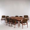 Arne Vodder (Danish, 1926-2009) for VAMO Mobelfabrik Dining Table and Eight Chairs, Denmark, c. 1960, teak and wool, two leaves, two ar