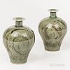 Two Brother Thomas Bezanson (1929-2007) Celadon Vases, Weston, Vermont, mid to late 20th century, glazed porcelain, incised to undersid