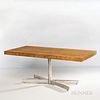 Baughman-style Burl Veneer X-Base Desk, United States, c. 1970, burl veneer, plywood and chromed metal, center drawer, shelf left, unma