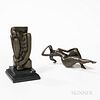 Two Abstract Seated Female Bronze Sculptures, kneeling figure holding a branch, incised signature "Dali," set on stepped marble base, h