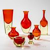 Seven Antonio da Ros (Italian, 1936-2012) for Cenedese Sommerso Art Glass Pieces, Murano, Italy, c. 1960, orange and green-yellow urani