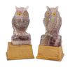A Pair of Carved Amethyst Owls with Carved Wood Bases