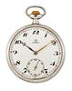 A STEEL OMEGA POCKET WATCH. Circular white enamel dial with