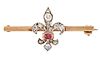 A DIAMOND AND RUBY FLEUR DE LIS BROOCH, set with old-cut di