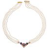 CHOKER WITH CULTIVATED PEARLS, RUBIES, SAPPHIRES, DIAMONDS IN 18K YELLOW GOLD