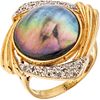 RING WITH SYNTHETIC HALF PEARL AND DIAMONDS IN 18K YELLOW GOLD Weight: 7.6 g. Size: 7 ¼ 