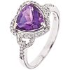 RING WITH AMETHYST AND DIAMONDS IN 18K WHITE GOLD Weight: 4.7 g. Size: 8 ¾ 1 Trillion Cut Amethyst ~ 2.17 ct