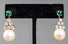 18K Emerald, Diamond & South Sea Pearl Earrings