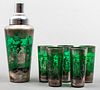 Green Glass Silver Overlay Shaker & Tumblers, 6
