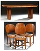 English Carved Walnut Art Deco Dining Set, c. 1940, consisting of an octagonal table on plinth supports, and four carved walnut side chairs with flori
