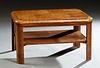 English Art Deco Carved Walnut Coffee Table, c. 1940, the stepped rounded corner and edge top over four curved legs, joined by a lower shelf, H.- 17 i