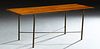 Carved Walnut and Aluminum Mid Century Modern Coffee Table, 20th c., the highly figured rectangular wood top on cylindrical aluminum legs, joined by a