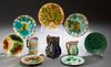 Group of Ten Pieces of French Majolica, 19th c., consisting of seven plates and three pitchers, Largest Pitcher- H.- 7 1/4 in., W.- 5 3/4 in., D.- 3 1