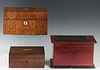 Group of Three Antique Wood Boxes, 19th c., consisting of an inlaid walnut jewelry box with a liftout tray; a mahogany document box with paint decorat