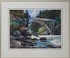 Sidnii Woods (American), "Rocky Shore with Bridge," 20th c., watercolor on paper, signed lower right, presented in a white plastic frame, H.- 30 1/2 i