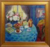Emilie Dubois (1966-, French), "Table by a Window," 20th c., oil on canvas, signed lower left, presented in a wide gilt frame, H.- 27 3/8 in., W.- 30 