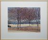 R. Elliott (American), "Field with Bare Trees and Fence," 20th c., mixed media, signed lower right, presented in a blonde wooden frame, H.- 24 1/2 in.