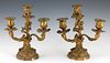 Pair of Louis XV Style Gilt Bronze Three Light Candelabra, 19th c., #49451, with three swirled leaf form supports with floral relief candle cups and l
