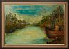 Louise Williams (Westwego, Louisiana), "Shrimp Boat on the Westwego Canal," 1972, oil on board, signed and dated left center, signed and dated en vers