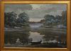 Russian School, "Lake Scene," 20th c., oil on canvas, signed in Cyrillic lower left, possibly "Sygaikov,"presented in a gilt frame, H.- 19 in.,