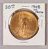 1908 St. Gaudens twenty dollar gold coin, no mott