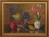 J. Laurenty (French), "Still Life with Fruit and Tulips," 1924, oil on canvas, signed and dated indistinctly lower right, presented in a gilt frame, H