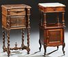 Two French Marble Top Nightstands, 19th c., consisting of an inlaid carved mahogany example, the inset serpentine white marble over a frieze drawer, o
