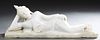 Asian Carved Alabaster Figure of a Reclining Buddha, 20th c., lying on his right side with his hand supporting his head, dressed in a sanghati with ri