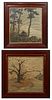 American School, "Trees in Bloom," and "Pine Trees Above a River," 20th c., two oils on silk, presented in mahogany frames with gilt liners, H.- 10 1/
