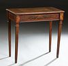 Continental Inlaid Mahogany Side Table, c. 1900, the stepped marquetry inlaid top over a long inlaid frieze drawer, on tapered reeded legs, H.- 29 3/4