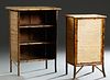 Two Anglo-Indian Bamboo Pieces, late 19th c., with woven seagrass covering, one an open bookshelf, the other a single door cabinet containing three sh