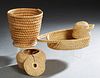 Three Native American Tahona Woven Items, consisting of a duck open bowl, H.- 5 1/4 in., W.- 13 in., D.- 6 3/4 in., an open tapered bowl, H.- 7 in., D