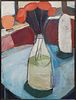 Susan Langen Schamp, "Abstract Flowers in a Vase," 20th c., oil on masonite, presented in a narrow silvered wood frame, H.- 47 1/2 in., W.- 35 1/2 in.