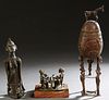 Three African Benin Bronze Figures, 20th c., consisting of a ceremonial lidded vessel, Nigeria; a family at a table, on a paint decorated wooden base;