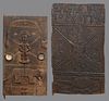 Two West African Carved Wood Granary Doors, early 20th c., with relief figural and animal decoration, H.- 54 in., W.- 31 in., H.- 48 in., W.- 26 1/4 i