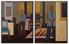 Loulyn Carstater (1941-1998, New Orleans), "Man in a Doorway," 20th c., two abstracts, oil on burlap, unsigned, unframed, Each - H.- 41 in., W.- 31 in