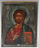 Slavic Icon of the Christ Pantocrator, 20th c., oil on curved wooden panel, H.- 7 3/8 in., W.- 5 3/4 in.