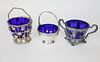 3 Antique Sterling Silver and Plated Cobalt Lined Baskets