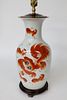 Chinese Red Foo Dog Porcelain Vase Mounted as Lamp