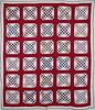 19th Century Geometric Patchwork Quilt with Horseshoe Red Printed Fabric Grid
